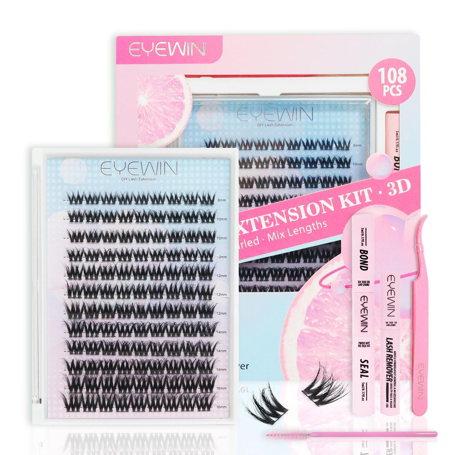 DIY Lash Extension Kits 3D Eyelash Cluster 108pcs Individual Mix 8-16mm, C Curl Wispy Lash Clusters with 10ml Bond and Seal Waterproof, 5ml Lash Remover, Lash Tweezers lash Cluster Kit at Home.