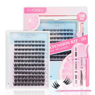 DIY Lash Extension Kits 3D Eyelash Cluster 108pcs Individual Mix 8-16mm, C Curl Wispy Lash Clusters with 10ml Bond and Seal Waterproof, 5ml Lash Remover, Lash Tweezers lash Cluster Kit at Home.