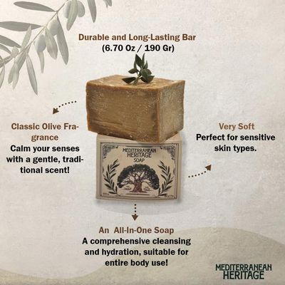 Aleppo Olive Oil Soap Bar For Sensitive Skin, Hair, &amp; Body, 15% Laurel Oil, 85% Olive Oil.