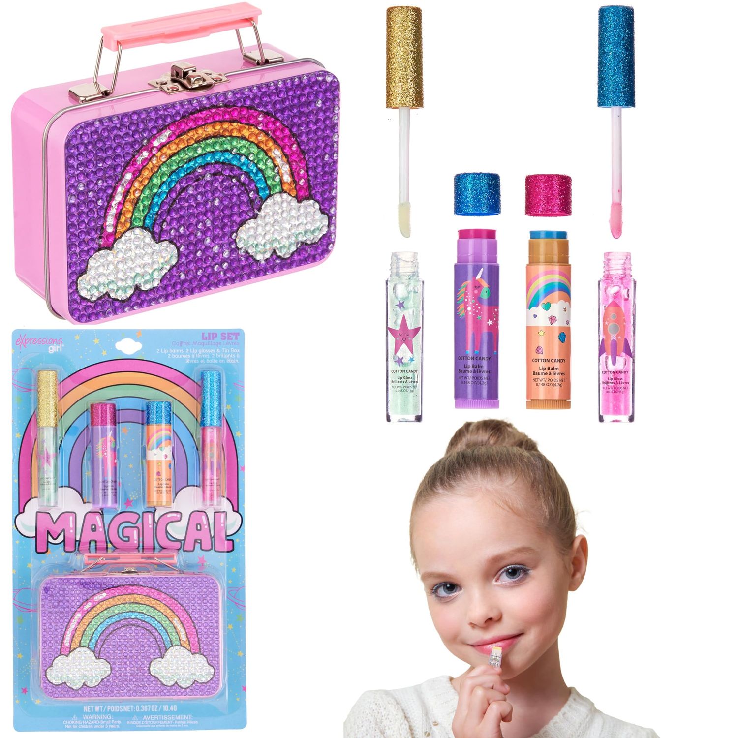 Expressions 5pc Rainbow Rhinestones Cosmetics Lip Kit For Kids wLip Glosses, Lip Balms &amp; Tin Box Storage Case Magical Lip Set,Washable  Non Toxic