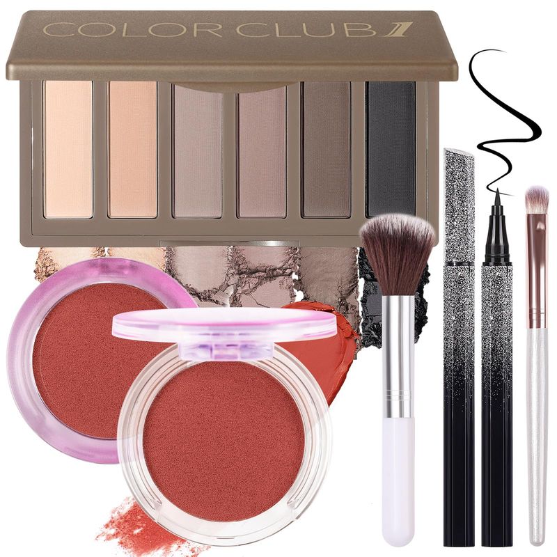 Makeup Kit for Women Full Kit All In One Make up Gift Set for Teens Girls Including 6 Colors Mini Naked Eyeshadow Palette, Cream-To-Powder Matte Face Blush, Waterproof Eyeliner, 2PCS Brushes 01