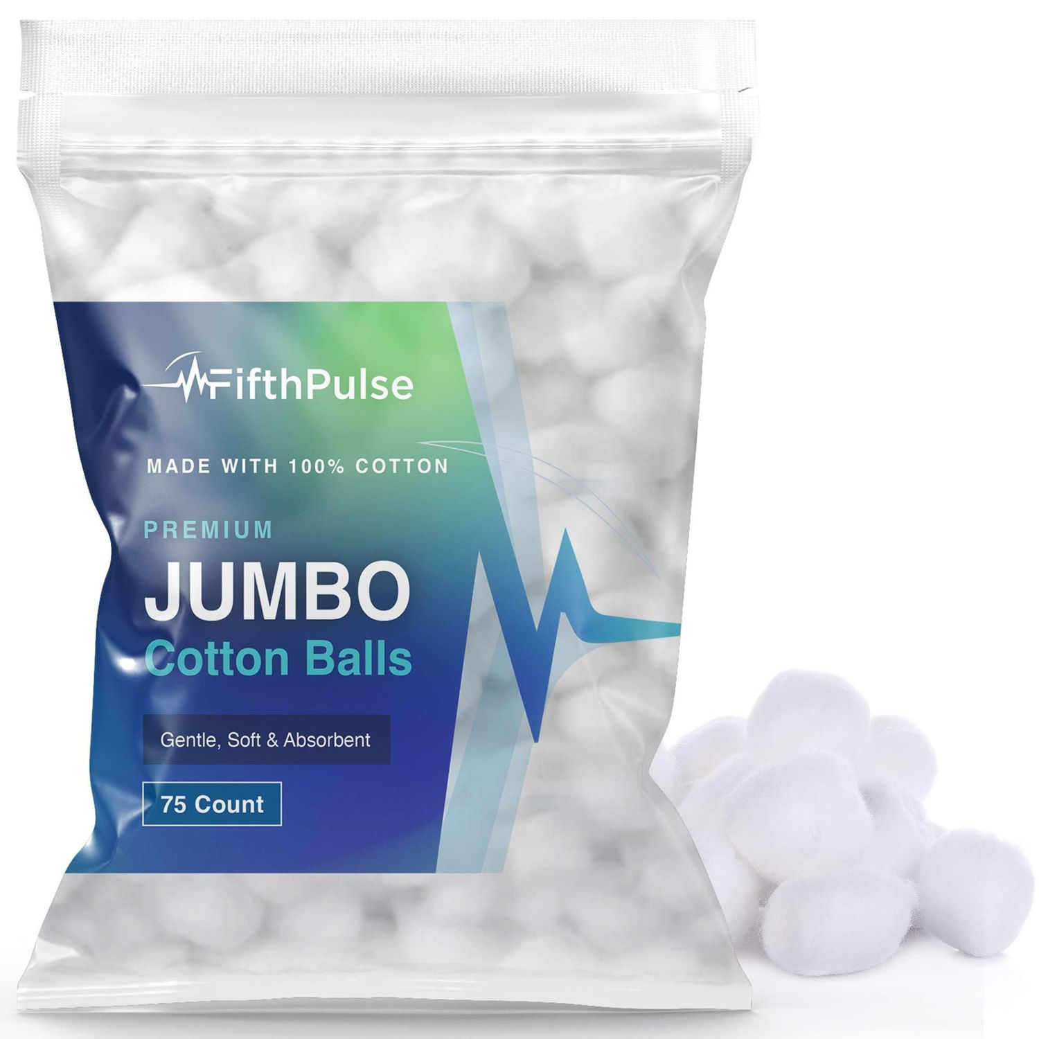 Premium Jumbo Cotton Balls for Face - 75 Absorbent and Soft White Colored Cotton Balls - Made with 100% Cotton - Use for Crafts, Makeup, Wounds, and Nails