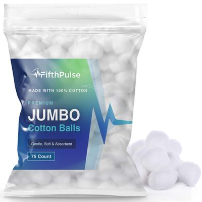 Premium Jumbo Cotton Balls for Face - 75 Absorbent and Soft White Colored Cotton Balls - Made with 100% Cotton - Use for Crafts, Makeup, Wounds, and Nails