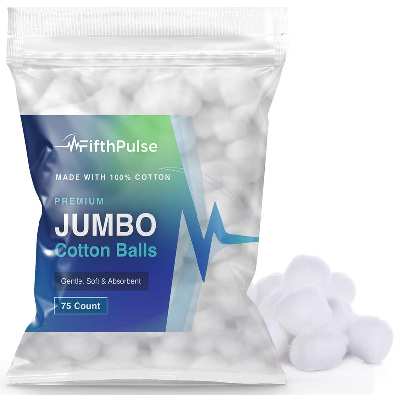 Premium Jumbo Cotton Balls for Face - 75 Absorbent and Soft White Colored Cotton Balls - Made with 100% Cotton - Use for Crafts, Makeup, Wounds, and Nails