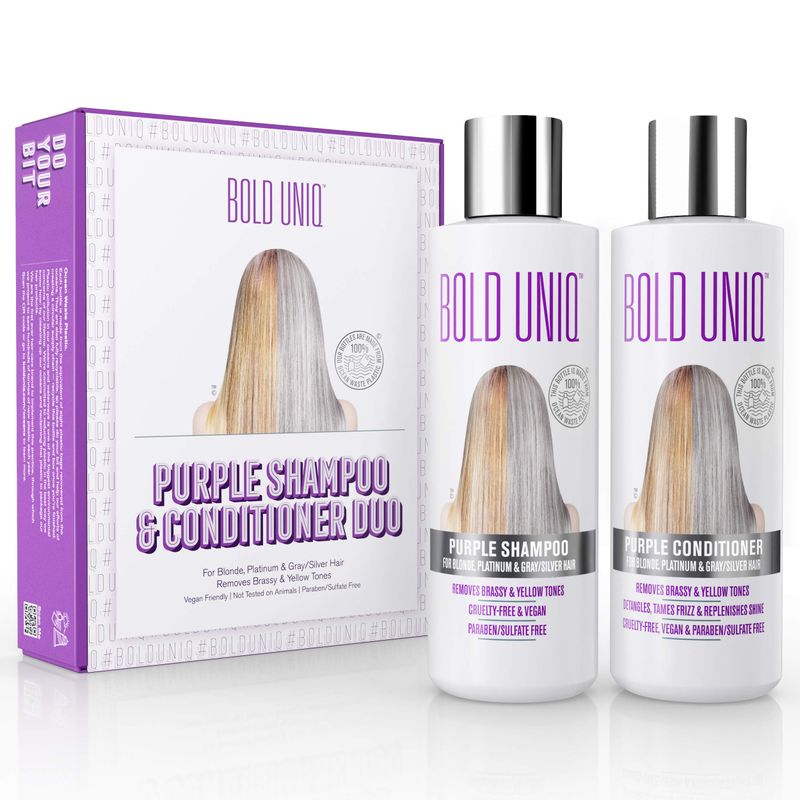 Bold Uniq Purple Toning Shampoo &amp; Conditioner Set - For Blonde, Platinum, Ash, Bleached, Grey, Ash &amp; Silver hair - Eliminates Brassy, Yellow Tones - Vegan, Paraben &amp; Sulphate Free - 8 Fl Oz Each