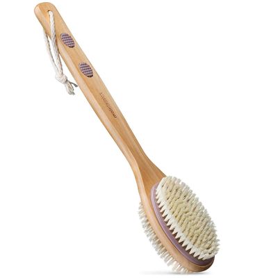 MainBasics Back Scrubber for Shower - Long Handle Dual-Sided Brush for Body Wash &amp; Scrubbing with Exfoliating &amp; Soft Bristles (Lavender, Wood)