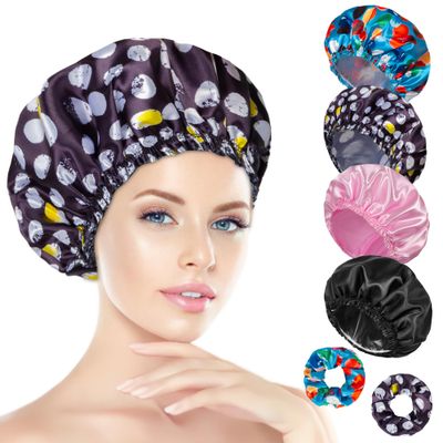 Shower Cap for Women Set of 4, Bath Caps, Double Layers Hair Caps  2 Satin Hair Scrunchies, Reusable Waterproof Shower Caps, Elastic Hair Cap for Shower