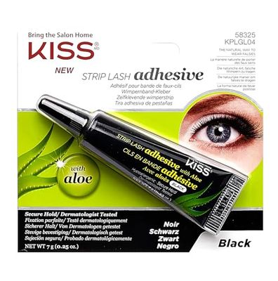 KISS Black Strip Lash Adhesive with Aloe, Dermatologist Tested, Formaldehyde Free, Non-Irritant, Contact Lens Friendly, Secure Hold, Contains Latex, with Control Nozzle Tip, 0.24 Ounce