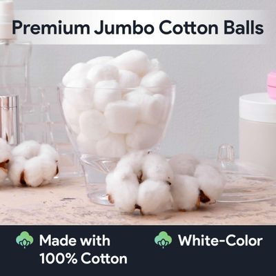 Premium Jumbo Cotton Balls for Face - 75 Absorbent and Soft White Colored Cotton Balls - Made with 100% Cotton - Use for Crafts, Makeup, Wounds, and Nails