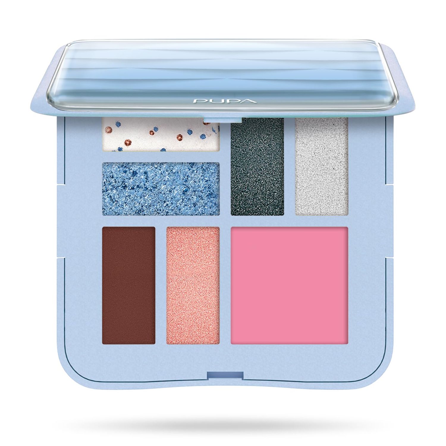 Pupa Milano Make-Up Palette S, 002 Light Blue, 0.28 oz - 7 Pan Eyeshadow Palette and Blush Palette with Matte, Shimmer Finish - Blendable Velvety Texture - Compact Travel-Friendly - Talc-Free Makeup