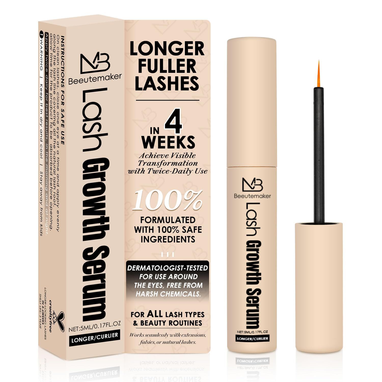 Beeutemaker Eyelash Growth Serum- 0.17 Fl. Oz.5ml Advanced Lash &amp; Brow Serum with Biotin, Peptides &amp; Natural Extracts for Longer, Thicker Lashes &amp; Fuller Brows | Non-Irritating, Vegan &amp; Cruelty-Free