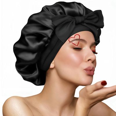 VECIIR Satin Bonnet Silk Bonnet for Sleeping Women, Ajustable Hair Bonnet for Curly Hair with Tie Band Black