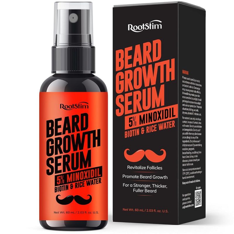 5% Minoxidil Beard Growth Serum for Men Hair Regrowth Spray with Biotin &amp; Rice Water - Extra Strength Beard Oil for Faster Thicker and Fuller Beard Growth - 2.03 Fl Oz