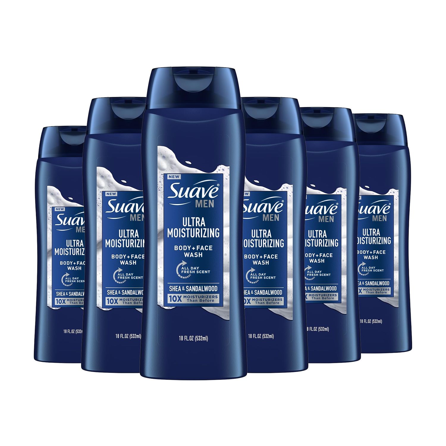 Suave Men Ultra Moisturizing Body &amp; Face Wash, Shea &amp; Sandlwood Scent, No Parabens, No Phtahaltes, 18 Oz Pack of 6