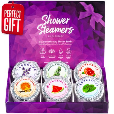 Cleverfy Shower Steamers Aromatherapy - Compact Variety Pack of 6 Shower Bombs with Essential Oils. Self Care Birthday Gifts for Women and Valentines Day Gifts for Her and Him. Purple Set