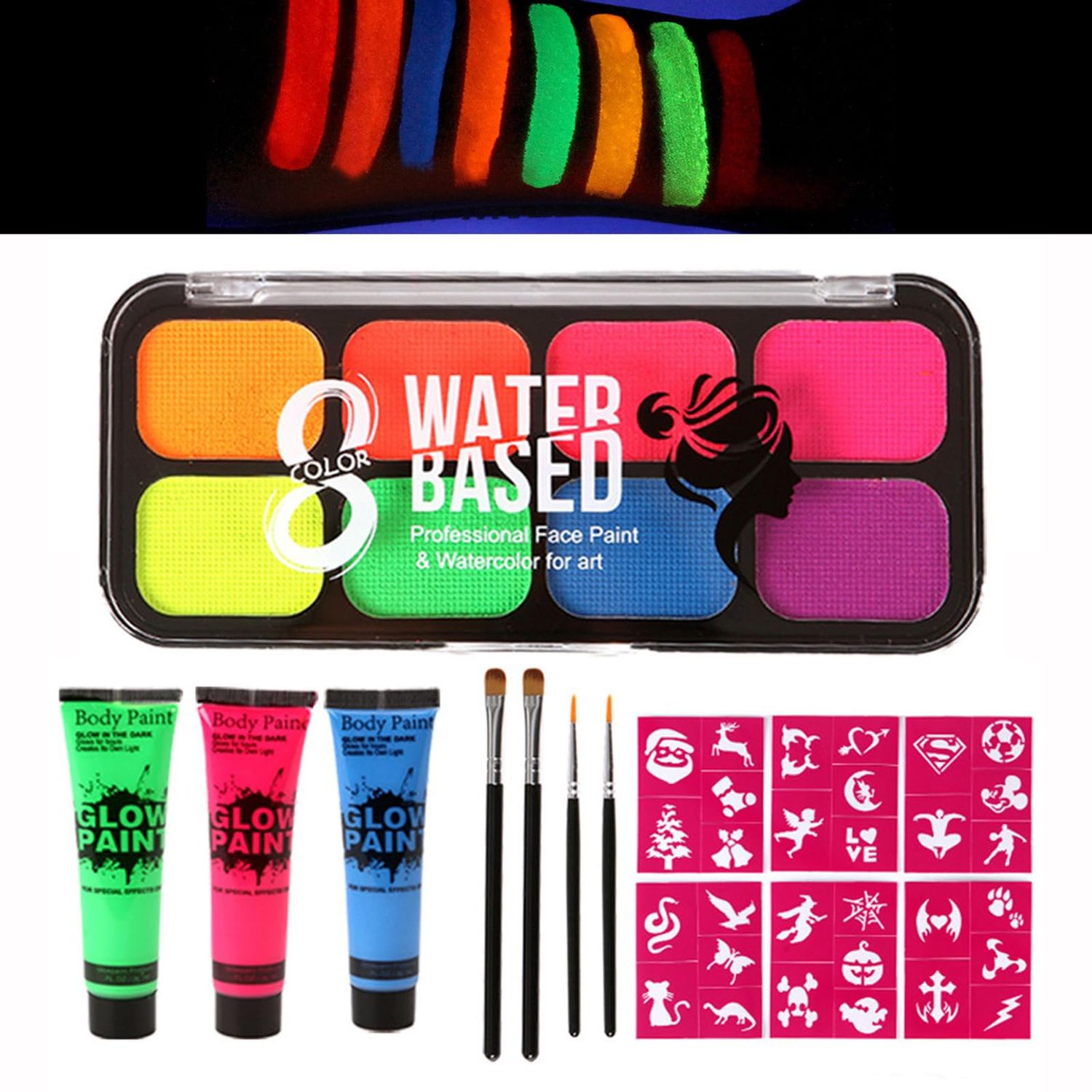 Joyeee Neon Face Paint, Glow In The Dark Body Painting, Water Activated Professional Face Painting Kit, Water Based Glow In The Dark Party Halloween Washable for Kids Adult Body Paint