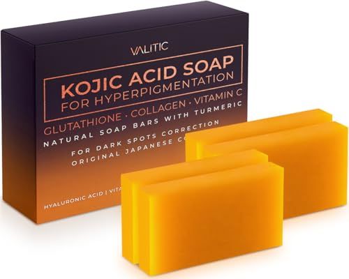VALITIC Kojic Acid Soap for Hyperpigmentation - with Glutathione, Collagen &amp; Vitamin C - Natural Soap Bars with Turmeric - Original Japanese Complex for Dark Spot Correction - 4 Pack