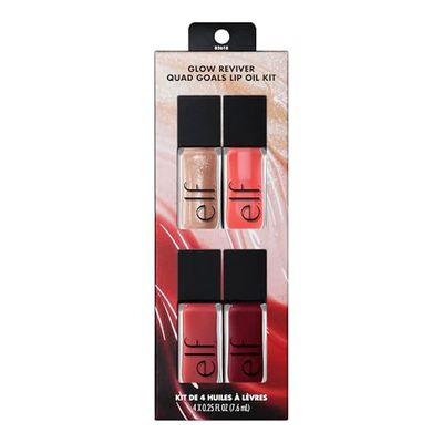 e.l.f. Glow Reviver Quad Goals Lip Oil Kit, Lip Gloss For A High-Gloss Finish &amp; Sheer Wash Of Color, Non-Sticky, Vegan &amp; Cruelty-Free, 4 Glosses