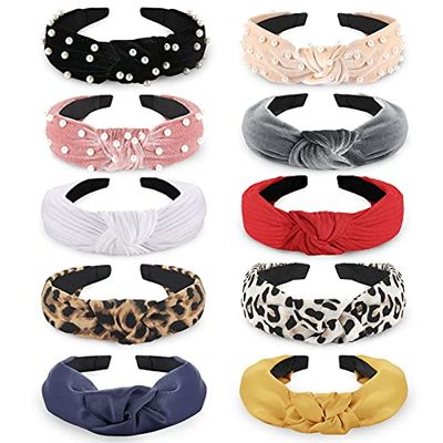 Funtopia Fashion Headbands for Women Girls, 10 Pcs Knotted Pearl Wide Top Knot Turban Hair Bands Hoops Vintage Velvet Leopard Print