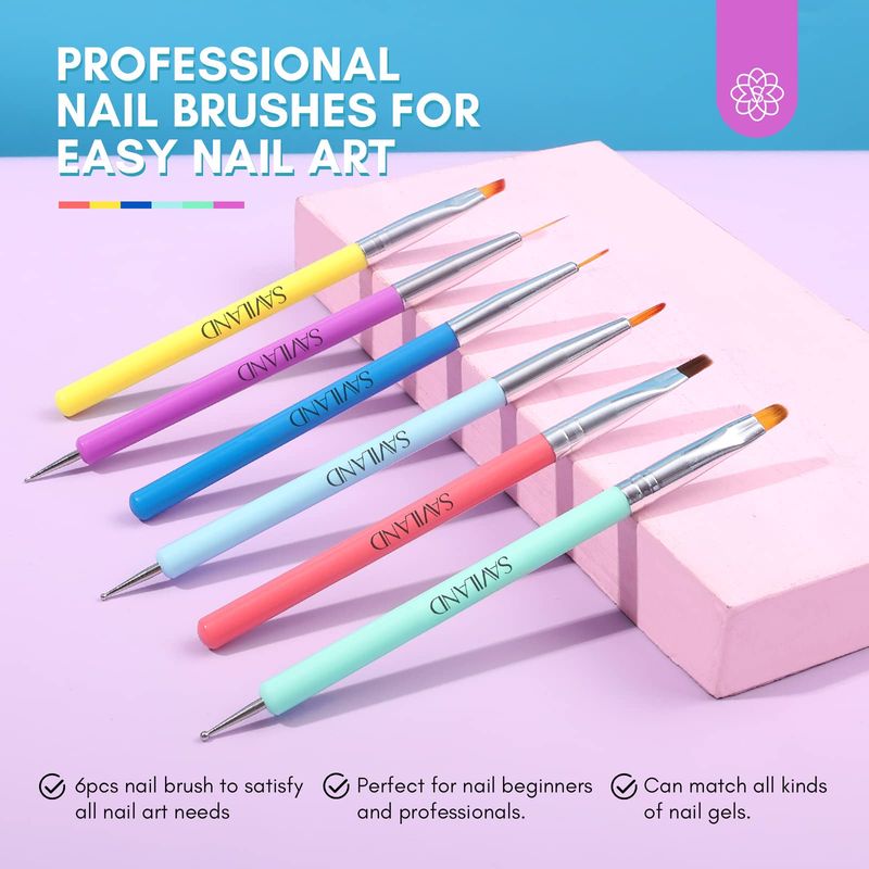 SAVILAND 6PCS Nail Art Brushes Set - Multifunctional Nail Brushes for Nail Art Nail Design Brush Gel Nail Brush for Nail Extension Nail Art Liner Brush 3 Sizes Dotting Tools for DIY
