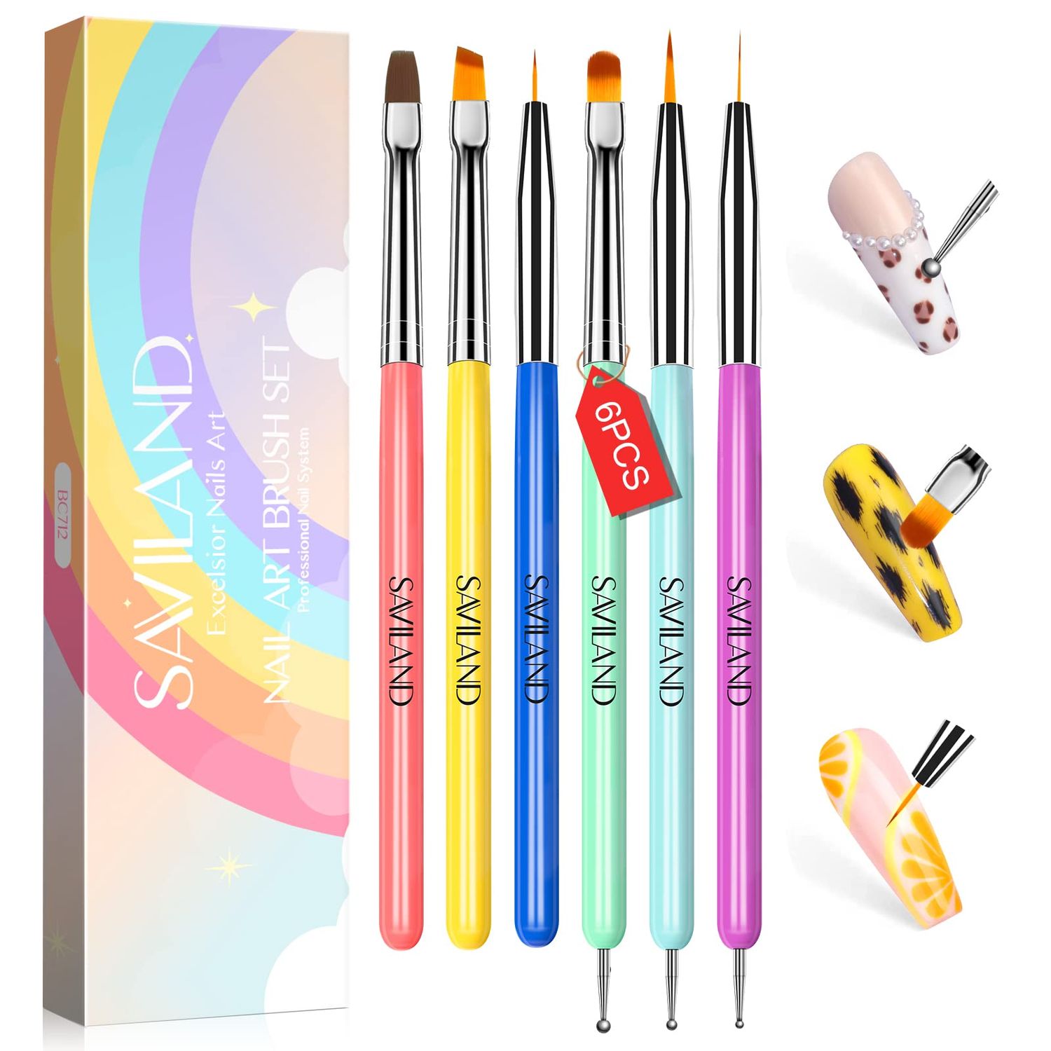 SAVILAND 6PCS Nail Art Brushes Set - Multifunctional Nail Brushes for Nail Art Nail Design Brush Gel Nail Brush for Nail Extension Nail Art Liner Brush 3 Sizes Dotting Tools for DIY