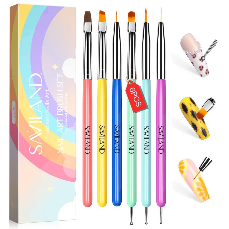 SAVILAND 6PCS Nail Art Brushes Set - Multifunctional Nail Brushes for Nail Art Nail Design Brush Gel Nail Brush for Nail Extension Nail Art Liner Brush 3 Sizes Dotting Tools for DIY