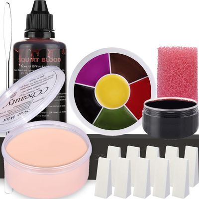 CCbeauty 7Pcs Halloween SFX Special Effects Makeup Kit - 2.7oz Modeling Scar Wax 6 Colors Bruise Wheel  2.3oz Splatter Blood  1oz Coagulated Blood with Spatula  Stipple Sponge,Fair-Light Skin