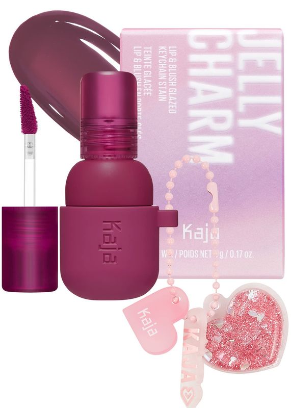 Kaja Lip &amp; Blush Glazed Keychain Stain - Jelly Charm 03 Berry Colada | with Triple Berry Complex, Lemon Fruit Extract &amp; Olive Squalane, Hydrating, Easily Buildable and Blendable, Long Lasting Tint