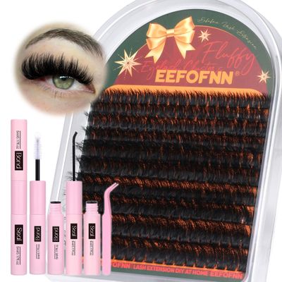 Eefofnn Lash Clusters Kit Fluffy Lash Extension Kit D Curl Volume Eyelash Extension Kit 120D Thick Eyelash Clusters with Bond and Seal Lash Glue Tweezers Faux Mink Cluster Eyelash Extensions Kit
