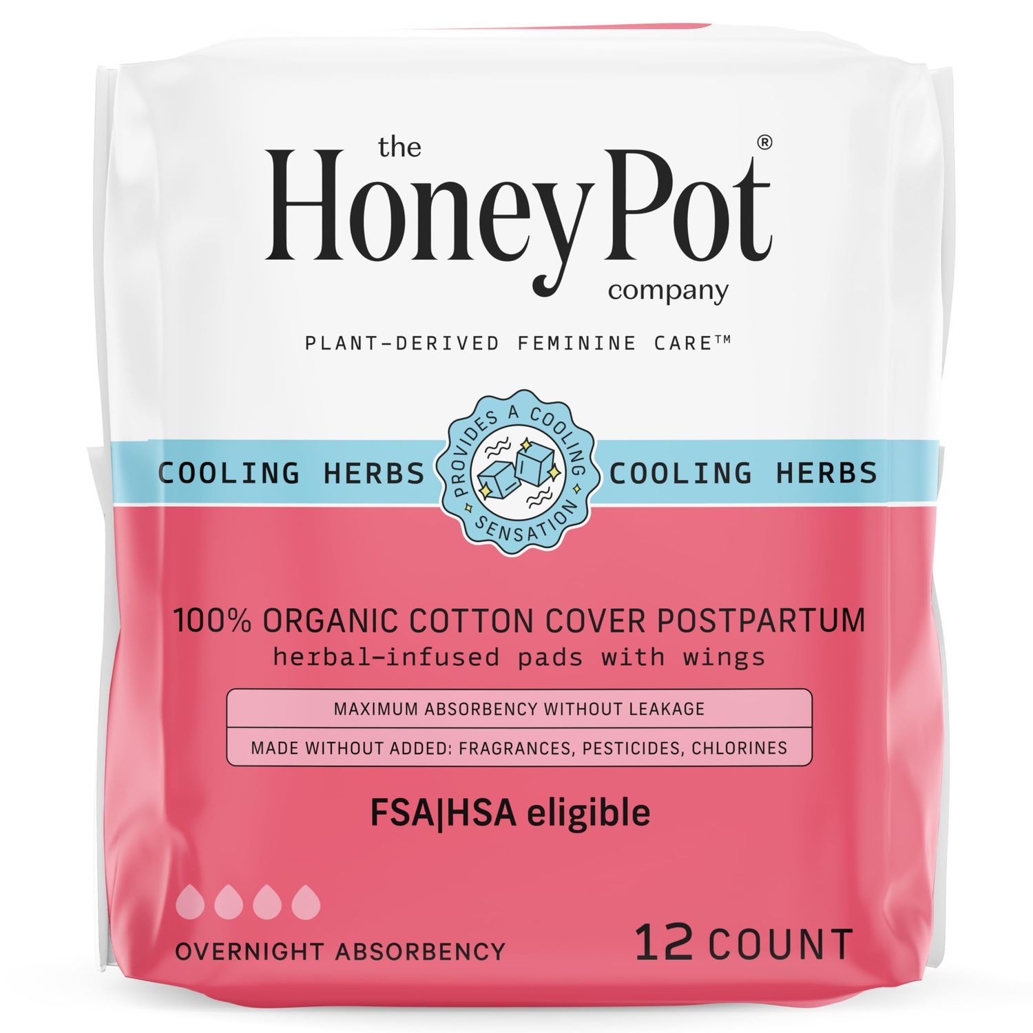 The Honey Pot Company - Herbal Postpartum Pads wWings - Infused wEssential Oils for Cooling Effect, Organic Cotton Cover, &amp; Ultra-Absorbent - Postpartum Essentials to fill your Postpartum Kit - 12ct