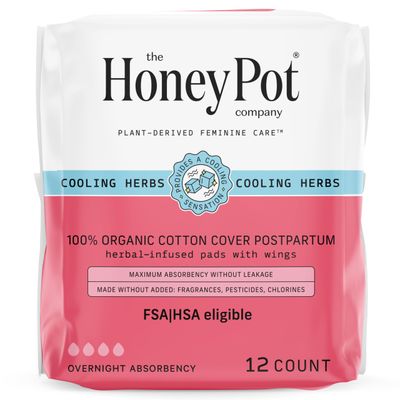 The Honey Pot Company - Herbal Postpartum Pads wWings - Infused wEssential Oils for Cooling Effect, Organic Cotton Cover, &amp; Ultra-Absorbent - Postpartum Essentials to fill your Postpartum Kit - 12ct