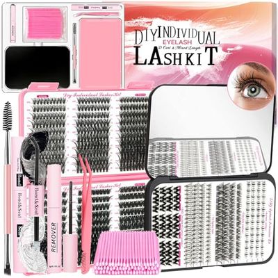 QUKLOGEN DIY Lash Extension Kit 782Pcs D Curl 4 styles Individual Lash with Bottom Lash Clusters Lash Bond and Seal,Quick Glue Remover Tweezers Eyelash Brush Mini Applicator (LASH001)