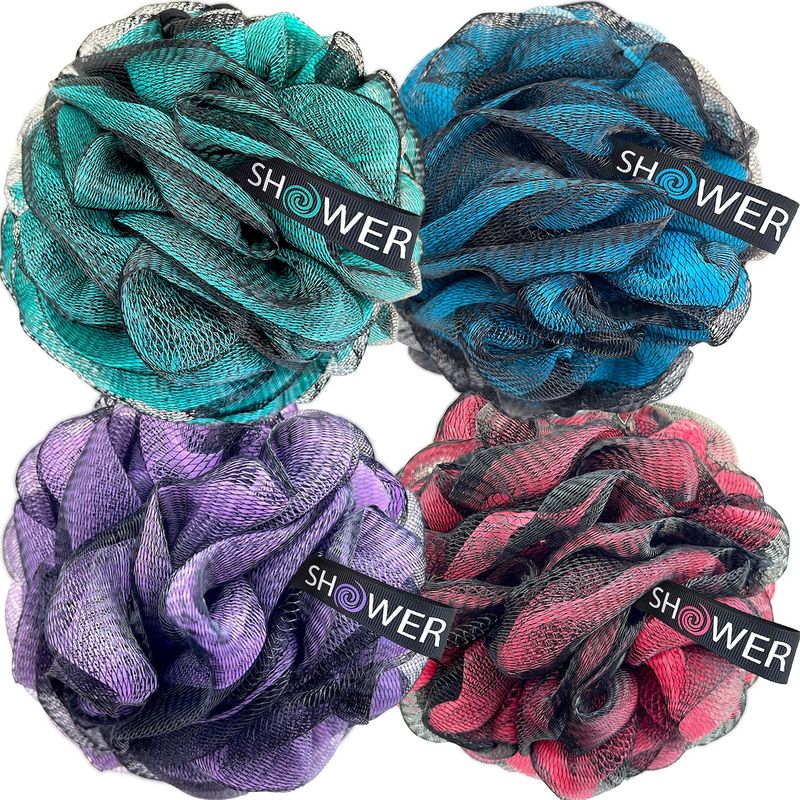 SHOWER BOUQUET Loofah-Charcoal Bath-Sponge-Color-Set XL-75g Extra Large 4 Pack, Soft Mesh Black Loufa Puff - Exfoliating Body Scrubber for Women and Men Soothing Face &amp; Body Exfoliator