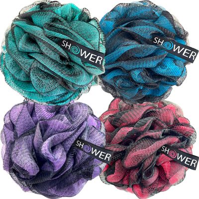 SHOWER BOUQUET Loofah-Charcoal Bath-Sponge-Color-Set XL-75g Extra Large 4 Pack, Soft Mesh Black Loufa Puff - Exfoliating Body Scrubber for Women and Men Soothing Face & Body Exfoliator