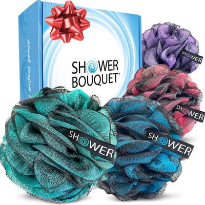 SHOWER BOUQUET Loofah-Charcoal Bath-Sponge-Color-Set XL-75g Extra Large 4 Pack, Soft Mesh Black Loufa Puff - Exfoliating Body Scrubber for Women and Men Soothing Face &amp; Body Exfoliator
