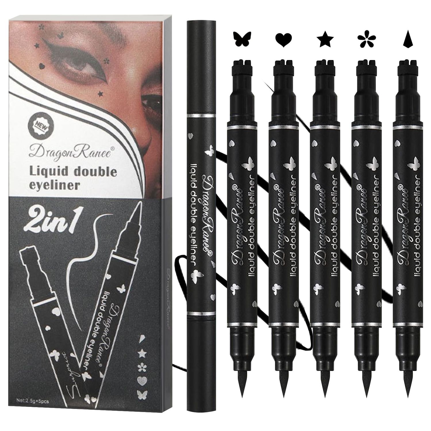 DuoZeng 5 PCS Black Liquid Winged Eyeliner Stamp Pen Makeup Tools,Double-side Eyeliner Stamps Pencil Set,Waterproof &amp; Long Lasting Smudgeproof Eye Liner Stencil Tattoo Pens for Women