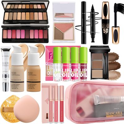 All in One Makeup Kit for Women Full Kit,Travel Makeup Kit for Teens,Makeup Gift Kit with Everything,Foundation Eyeshadow Lip Gloss Lip Oil Eyebrow Blush Contour Powder,Christmas Makeup Gift Set-A