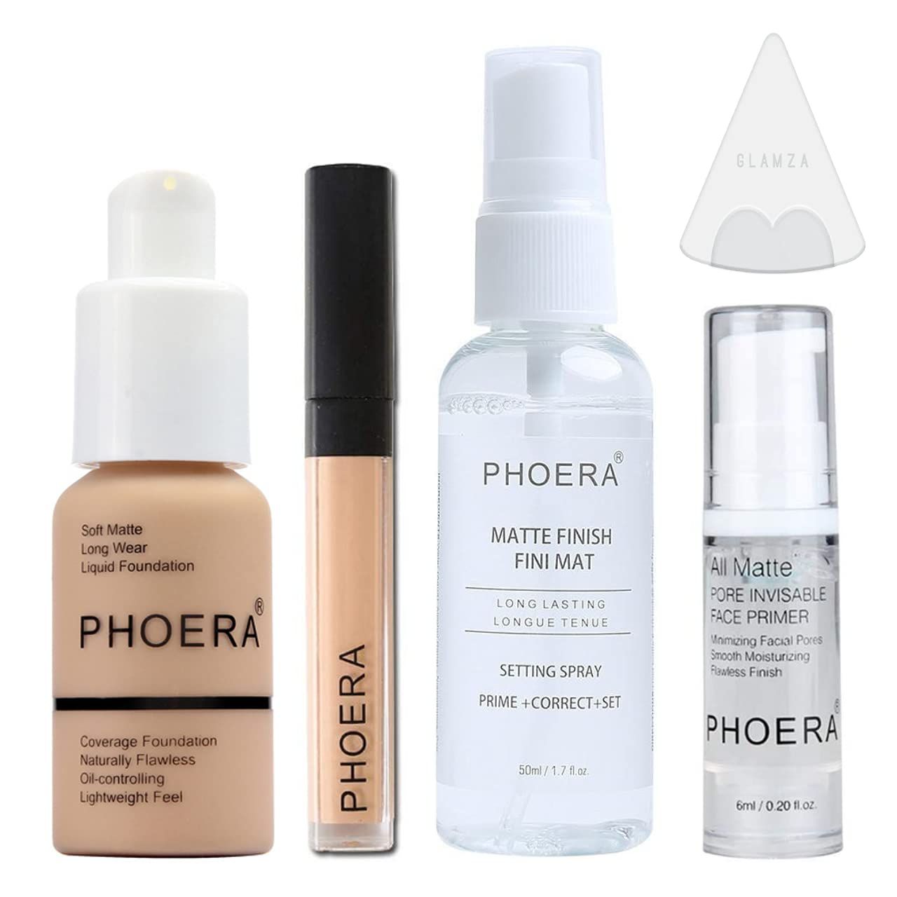 Phoera Foundation Full Coverage Makeup Set - Includes Warm Peach 30ml Matte Foundation, Phoera Concealer (Beige), 6ml Face Primer, 50ml Setting Spray &amp; Silicone Blender Sponge for Easy Application