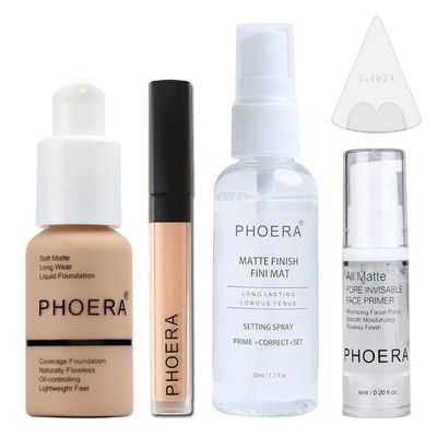 Phoera Foundation Full Coverage Makeup Set - Includes Warm Peach 30ml Matte Foundation, Phoera Concealer (Beige), 6ml Face Primer, 50ml Setting Spray &amp; Silicone Blender Sponge for Easy Application