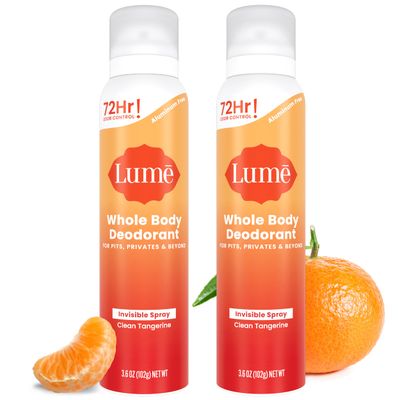 Lume Invisible Spray Deodorant For Women - Whole Body Deodorant Spray - 72 Hr Odor Control - Ozone Friendly, Natural Propellant - Aluminum &amp; Baking Soda Free, Skin Loving - 2 pack (Clean Tangerine)