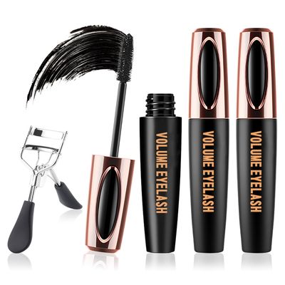 3 PCS 4D Silk Fiber Lash Mascara Volume and Length Waterproof Mascara Black,Volumizing Smudge Proof Tubing Telescopic Mascara,Long-Lasting Curling Thickening Fiber Mascara with Eyelash Curler