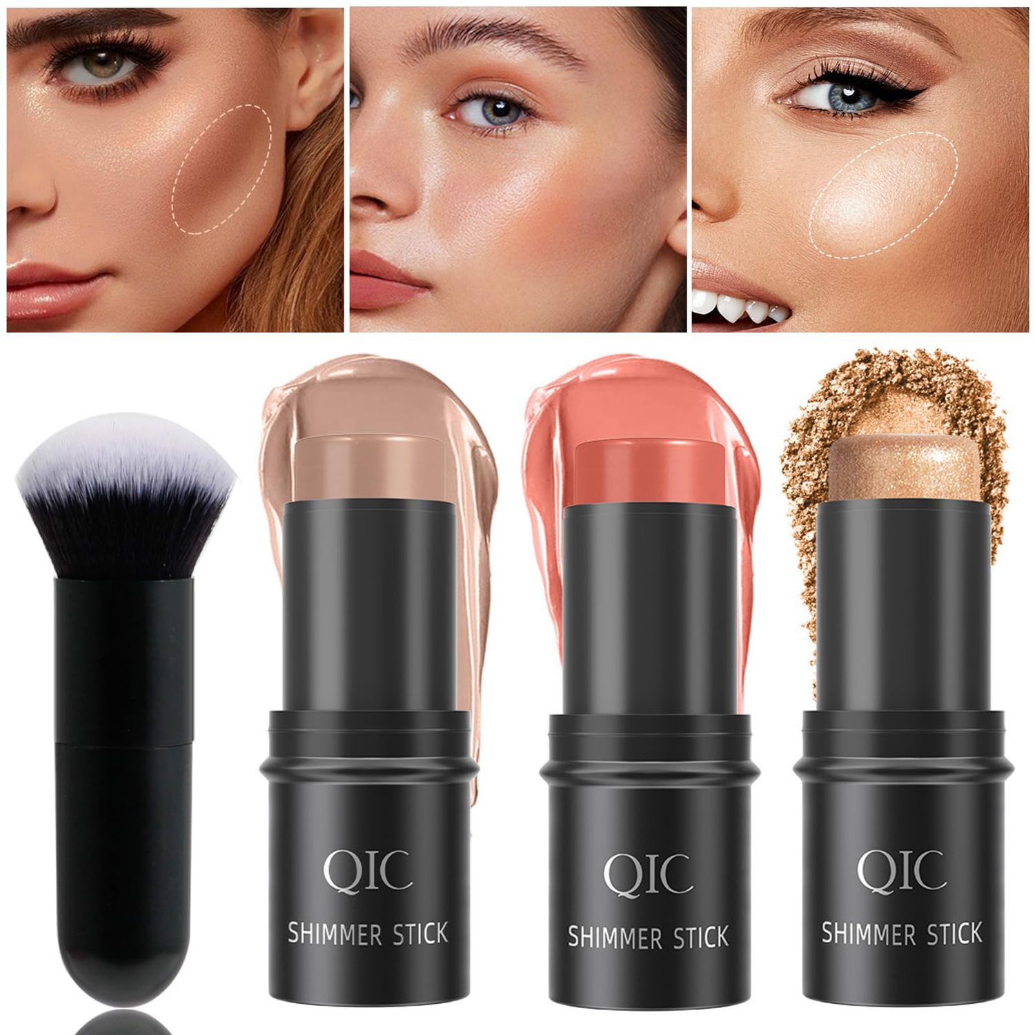 3 Pcs Contour Stick Makeup Kit, Shades with Cream Bronzer Contour, Highlighter and Blush Stick, Easy Sculpt the Cheeks Non-greasy, Waterproof Long-lasting Matte Dewy Effect for Face Makeup