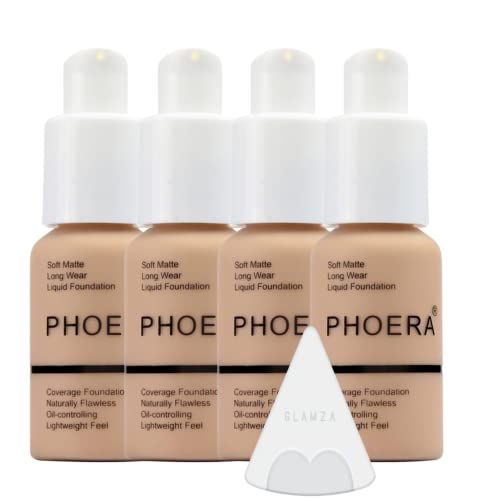 Glamza Phoera Foundation Full Coverage Makeup Set - 24hr Long Lasting Oil Control - Soft Smooth Matte Flawless Concealer Cream - Inc x4 30ml Foundation &amp; Silicone Blender Sponge (104 Buff Beige)