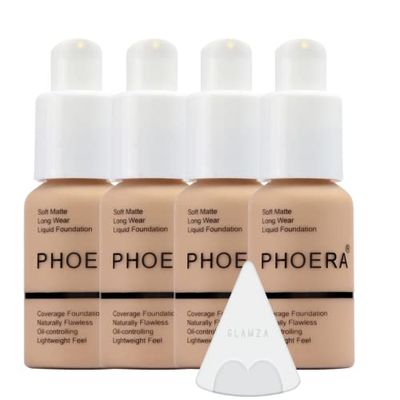 Glamza Phoera Foundation Full Coverage Makeup Set - 24hr Long Lasting Oil Control - Soft Smooth Matte Flawless Concealer Cream - Inc x4 30ml Foundation &amp; Silicone Blender Sponge (104 Buff Beige)