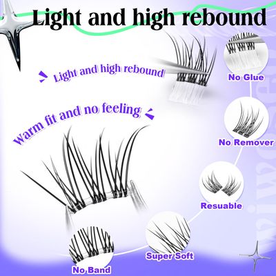 wiwoseo Clear Band Lash Clusters Self Adhesive Eyelashes Natural Press on Lashes No Glue Needed Self Adhesive Lash Clusters Pre Glued Eyelash Clusters Reusable Cluster Lashes Eyelash Extensions