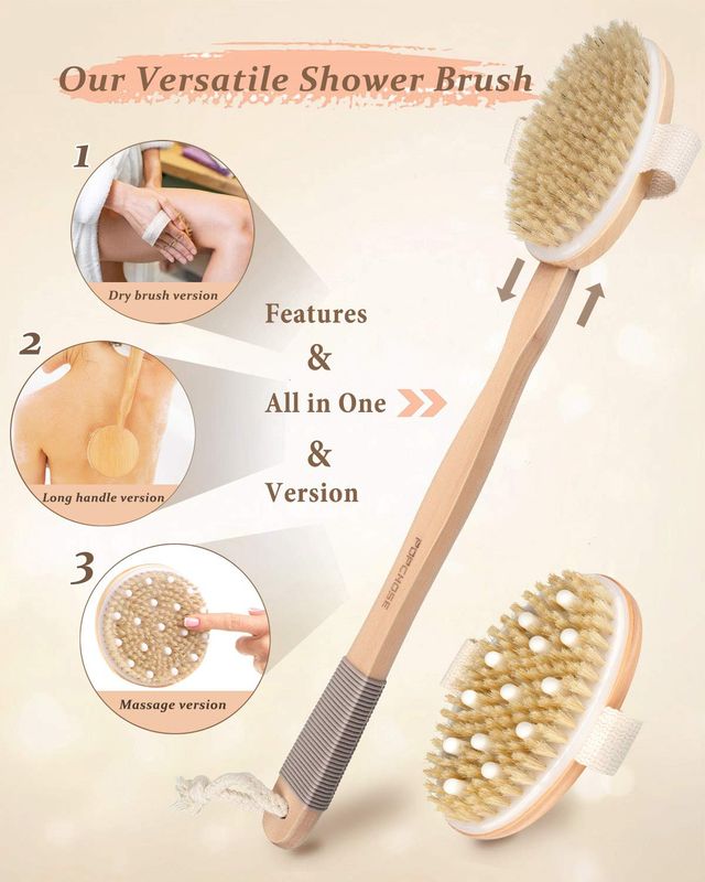 Dry Brushing Body Brush, POPCHOSE Body Scrubber for Men Women, Back Scrubber for Shower, Natural Bristle Exfoliator Scrubber for Body Cellulite and Lymphatic, Long Handle, Detachable, Dual Brush Heads