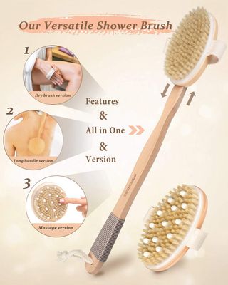 Dry Brushing Body Brush, POPCHOSE Body Scrubber for Men Women, Back Scrubber for Shower, Natural Bristle Exfoliator Scrubber for Body Cellulite and Lymphatic, Long Handle, Detachable, Dual Brush Heads