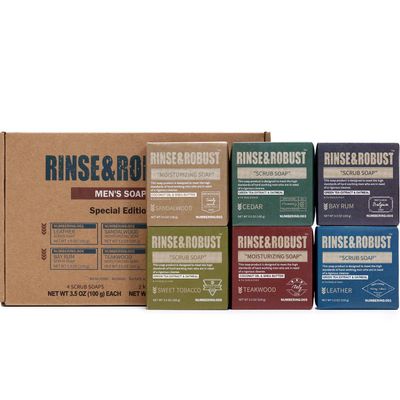 Rinse &amp; Robust Mens Soap Bar Set 6Pcs Natural Handmade Cleansing Bar Soap Set Moisturizing&amp;Exfoliating Scrub Soap Gift for Men All Skin Type| 6 Different Scents |3.5 oz of 6 Bars