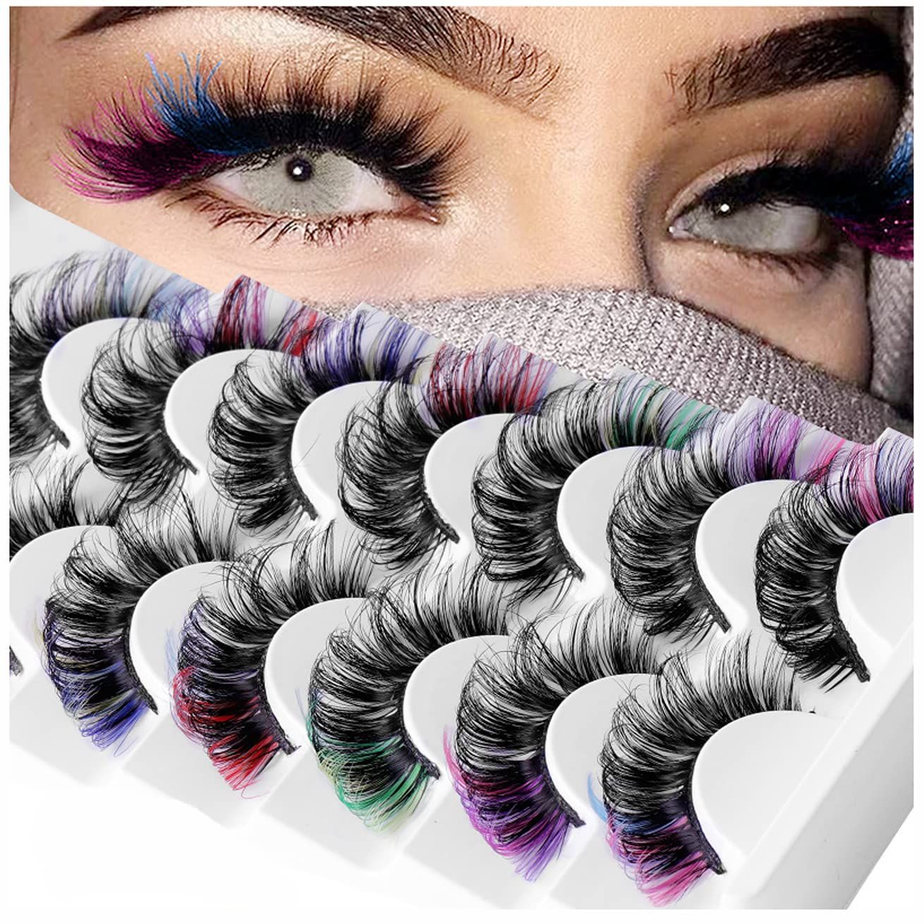 Colored Eyelashes, Mink Fake Lashes With Color on End, Fluffy Colorful False Lash Clusters, Dramatic Long Thick Cat Fox Eye Lashes Full Curly Eyelash, 3d D Curl Salon Extensions Strip Pack 7 Pairs