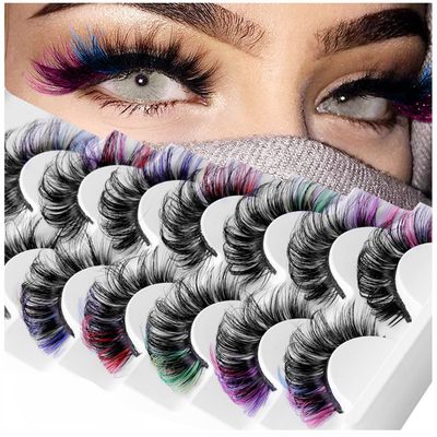 Colored Eyelashes, Mink Fake Lashes With Color on End, Fluffy Colorful False Lash Clusters, Dramatic Long Thick Cat Fox Eye Lashes Full Curly Eyelash, 3d D Curl Salon Extensions Strip Pack 7 Pairs